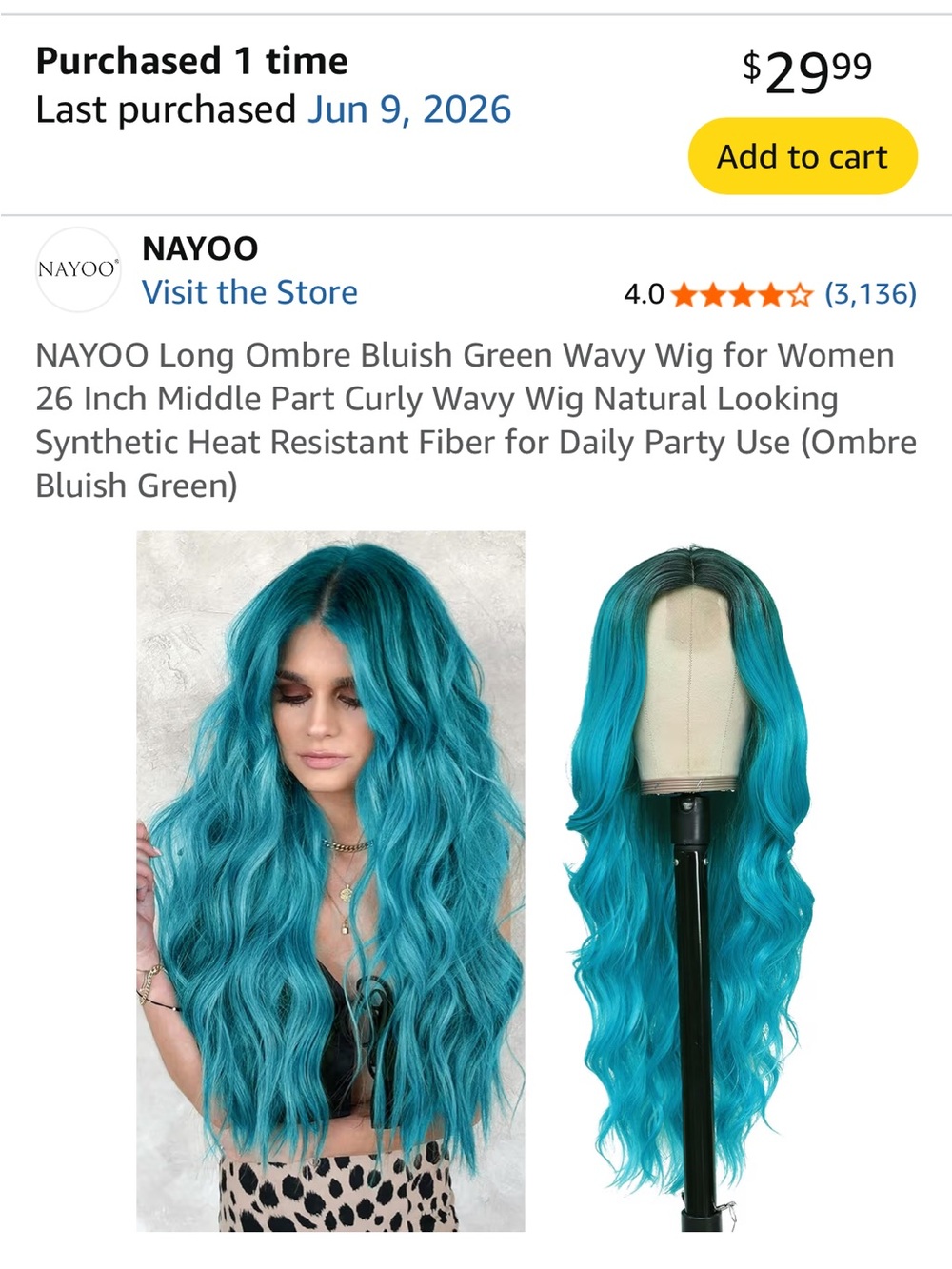 Amazon Long Bluish Green Wavy Wig - Middle Part